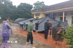 Lực lượng chức năng tỉnh Bắc Ninh hỗ trợ nhân dân sơ tán tài sản, vật nuôi, phòng tránh mưa bão. (Ảnh: TTXVN phát)