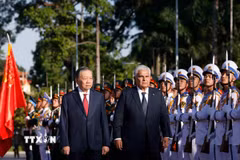 Tổng Bí thư, Chủ tịch nước Tô Lâm và Tổng thống Panama José Raúl Mulino duyệt đội danh dự. (Ảnh: Thống Nhất/TTXVN)