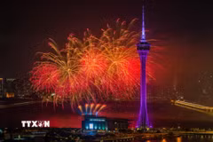 Màn trình diễn pháo hoa tại một sự kiện ở Ma Cao, Trung Quốc ngày 7/3/2026. (Ảnh: THX/TTXVN phát)