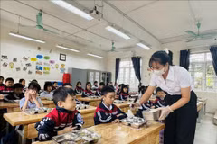 Học sinh Trường Tiểu học Chi Đông (xã Quang Minh, Hà Nội) ăn bán trú. (Ảnh: Nguyễn Cúc/TTXVN)