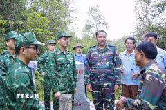 Hai bên tiến hành khảo sát thực địa tại khu vực mốc số 99. (Ảnh: TTXVN phát)