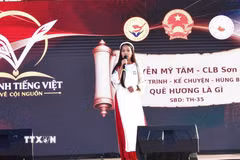 Em Nguyễn Mỹ Tâm tham gia cuộc thi với tiết mục hùng biện "Quê hương". (Ảnh: Quang Hòa/TTXVN)