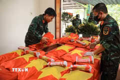 Tiến hành đánh giá tình trạng hài cốt, sau đó sẽ tiến hành lấy mẫu ADN để xác định danh tính liệt sỹ. (Ảnh: Hoàng Hiếu/TTXVN)