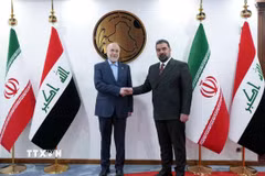 Ngày 19/8/2026, Chủ tịch Quốc hội Iran Mohammad Baqer Ghalibaf đã có chuyến công du Iraq nhằm tăng cường hợp tác chiến lược song phương và đối thoại về các vấn đề khu vực. Trong ảnh: Chủ tịch Quốc hội Iran Mohammad Baqer Ghalibaf (trái) trong cuộc gặp Chủ tịch Quốc hội Iraq Haibet al-Halbousi tại Baghdad. (Ảnh: THX/TTXVN phát)
