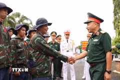 Thượng tướng Lê Quang Minh, Phó Chủ nhiệm Tổng cục Chính trị Quân đội nhân dân Việt Nam, Ủy viên Ban Chỉ đạo 515 quốc gia tri ân và giao nhiệm vụ cho Đội tìm kiếm, quy tập hài cốt liệt sỹ tại Nghĩa trang liệt sỹ Tiền Giang. (Ảnh: Hồng Nhung/TTXVN)