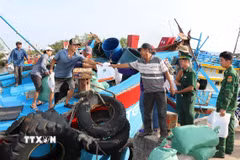 Lực lượng Bộ đội Biên phòng Đồng Tháp tặng quà, tuyên truyền cho ngư dân chấp hành quy định khai báo trước khi ra khơi. (Ảnh: Hữu Chí/TTXVN)