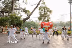Một nhóm người cao tuổi tập "Thái cực quyền" bên hồ Hoàn Kiếm. (Ảnh: Phạm Tuấn Anh/TTXVN)
