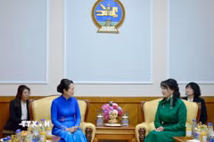 Phu nhân Chủ tịch Quốc hội Trần Thanh Mẫn-bà Nguyễn Thị Thanh Nga gặp Phu nhân Chủ tịch Quốc hội Mông Cổ Gantsetseg Tsendsuren. (Ảnh: TTXVN phát)