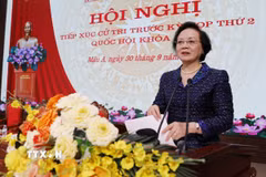 Bí thư Trung ương Đảng, Phó Thủ tướng Chính phủ Phạm Thị Thanh Trà phát biểu tiếp thu ý kiến cử tri tại Hội nghị. (Ảnh: Tuấn Anh/TTXVN)