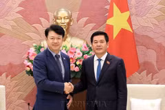 Phó Chủ tịch Quốc hội Nguyễn Hồng Diên đón Phó Chủ nhiệm Ủy ban Đất đai, Cơ sở hạ tầng và Giao thông Quốc hội Hàn Quốc Bok Ki Wang. (Ảnh: Tuấn Anh/TTXVN)