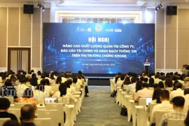 Quang cảnh Hội nghị “Nâng cao chất lượng quản trị công ty, báo cáo tài chính và minh bạch thông tin trên thị trường chứng khoán”. (Ảnh: Mạnh Tuấn/TTXVN phát)