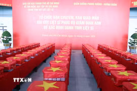 Các mẫu sinh phẩm hài cốt liệt sỹ được niêm phong, đóng gói nghiêm ngặt vào thùng chuyên dụng, phủ Quốc kỳ trước khi được đưa lên máy bay. (Ảnh: Xuân Khu/TTXVN)