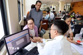 Cán bộ Thuế cơ sở 7 (Thuế An Giang) hướng dẫn người dân thủ tục thuế. (Ảnh: Phạm Hậu/TTXVN)