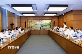 Đoàn đại biểu Quốc hội Thành phố Hà Nội thảo luận ở tổ. (Ảnh: Doãn Tấn/TTXVN)
