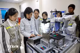 Sinh viên thực tập Môn lập trình vi điều khiển tại Trường Cao đẳng Công nghệ Việt-Hàn Bắc Giang. (Ảnh: Danh Lam/TTXVN)