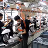 Dây chuyền lắp ráp xe máy điện tại nhà máy Sản xuất xe điện Yadea Việt Nam. (Ảnh: Danh Lam/TTXVN)
