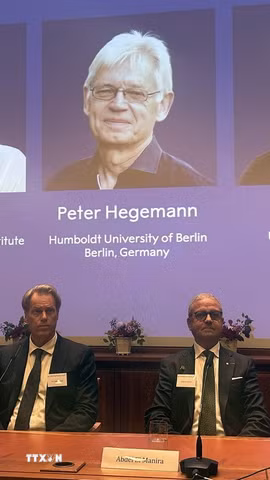 Chân dung các nhà khoa học (từ trái sang) đoạt giải Nobel Y Sinh 2026 Karl Deisseroth (Mỹ), Peter Hegemann và Georg Nagel (Đức) với những phát hiện liên quan đến công nghệ quang di truyền học. (Ảnh: AA/TTXVN phát)