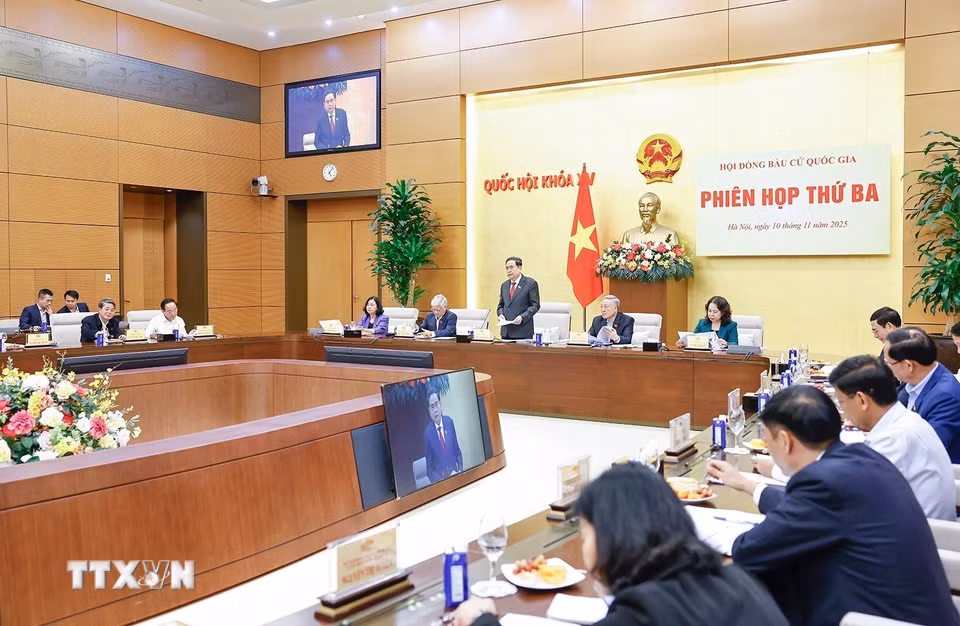 Chủ tịch Quốc hội Trần Thanh Mẫn, Chủ tịch Hội đồng Bầu cử quốc gia phát biểu. (Ảnh: Doãn Tấn/TTXVN)