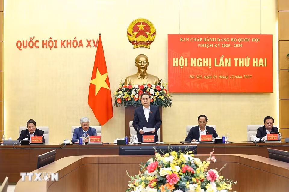 Chủ tịch Quốc hội Trần Thanh Mẫn chủ trì Hội nghị lần thứ hai Ban Chấp hành Đảng bộ Quốc hội nhiệm kỳ 2025-2030. (Ảnh: Doãn Tấn/TTXVN)