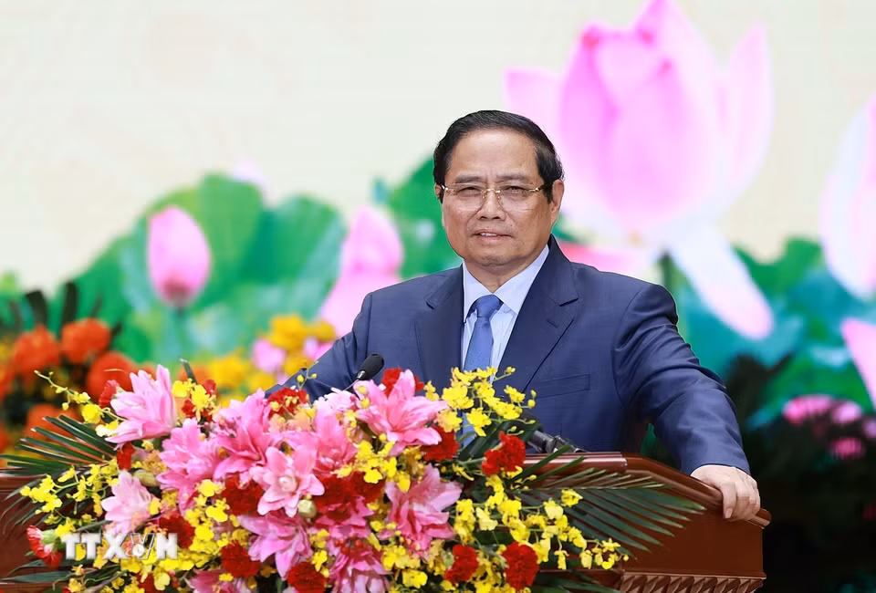 Thủ tướng Phạm Minh Chính, Bí thư Đảng ủy Chính phủ phát biểu chỉ đạo tại Đại hội. (Ảnh: Dương Giang/TTXVN)