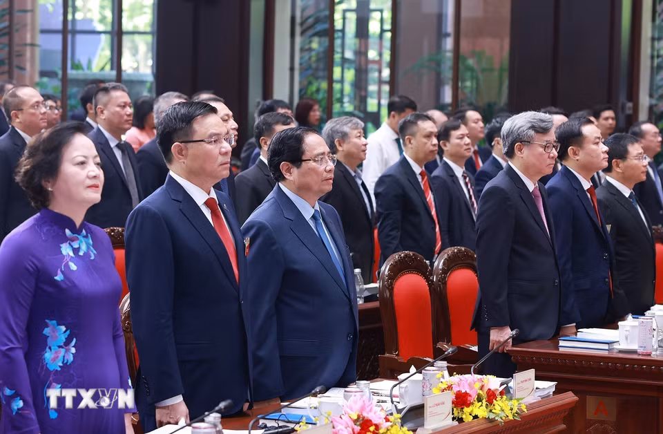 Thủ tướng Phạm Minh Chính, Bí thư Đảng ủy Chính phủ dự Đại hội đại biểu Đảng bộ Tập đoàn Công nghiệp-Năng lượng Quốc gia Việt Nam lần thứ IV, nhiệm kỳ 2025-2030. (Ảnh: Dương Giang/TTXVN)