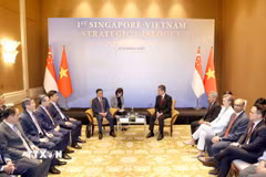 Phó Tổng Thư ký Đảng Hành động Nhân dân Singapore, Bộ trưởng Bộ Quốc phòng kiêm Bộ trưởng Điều phối dịch vụ công Chan Chun Sing chủ trì Lễ đón chính thức Ủy viên Bộ Chính trị, Thường trực Ban Bí thư Trần Cẩm Tú. (Ảnh: Phương Hoa/TTXVN)