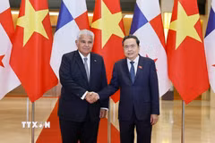 Chủ tịch Quốc hội Trần Thanh Mẫn hội kiến Tổng thống Panama José Raúl Mulino. (Ảnh: Doãn Tấn/TTXVN)