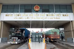 Xe container chở hàng hóa chờ làm thủ tục tại cửa khẩu quốc tế đường bộ số 2 Kim Thành, Lào Cai. (Ảnh: Quốc Khánh/TTXVN)