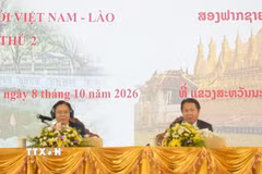 Thứ trưởng Bộ Ngoại giao Việt Nam Ngô Lê Văn và Thứ trưởng Bộ Ngoại giao Lào Anouparb Vongnorkeo đồng chủ trì Hội nghị. (Ảnh: TTXVN phát)