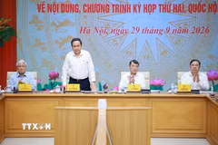 Thủ tướng Lê Minh Hưng và Chủ tịch Quốc hội Trần Thanh Mẫn đồng chủ trì Hội nghị Ban Thường vụ Đảng ủy Chính phủ và Ban Thường vụ Đảng ủy Quốc hội. (Ảnh: Dương Giang/TTXVN)