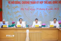Thủ tướng Lê Minh Hưng và Chủ tịch Quốc hội Trần Thanh Mẫn đồng chủ trì Hội nghị Ban Thường vụ Đảng ủy Chính phủ và Ban Thường vụ Đảng ủy Quốc hội. (Ảnh: Dương Giang/TTXVN)