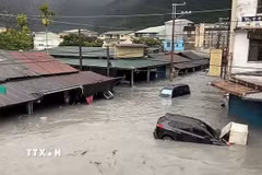 Hồ chắn bị vỡ do siêu bão Ragasa khiến nước lũ ồ ạt tràn vào khu dân cư và cuốn phăng xe cộ tại huyện Hoa Liên, Đài Loan (Trung Quốc) ngày 23/9. (Ảnh: Focus Taiwan/TTXVN)