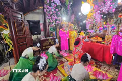 Lễ tế Nhị vị Thánh Cô tại Đền Đôi Cô, phường Cam Đường, tỉnh Lào Cai. (Ảnh: Hương Thu/TTXVN)