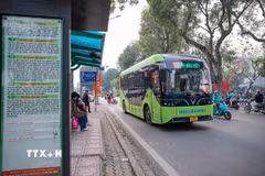 Công ty Cổ phần Vận tải và Dịch vụ Liên Ninh đã chuyển đổi toàn bộ đội xe hiện hữu sang sử dụng xe buýt điện. (Ảnh: Phạm Tuấn Anh/TTXVN)