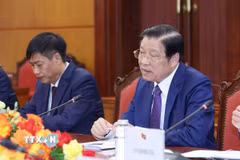 Ông Phan Đình Trạc, Ủy viên Bộ Chính trị, Bí thư Trung ương Đảng, Trưởng Ban Nội chính Trung ương phát biểu tại buổi tiếp. (Ảnh: Phương Hoa/TTXVN)