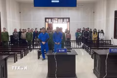Quang cảnh phiên tòa xét xử hai đối tượng tổ chức cho người khác nhập cảnh trái phép. (Ảnh: TTXVN phát)