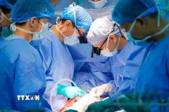 Bác sỹ Bệnh viện Đại học Y dược Thành phố Hồ Chí Minh thực hiện ghép tim cho bệnh nhi 9 tuổi. (Ảnh: TTXVN phát)