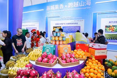 Các đại biểu tham quan gian trưng bày trái cây của các nước ASEAN. (Ảnh: Công Tuyên/Vietnam+)
