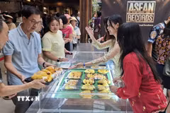 Khu trải nghiệm ẩm thực thu hút nhiều khách đến tìm hiểu về các loại sầu riêng địa phương. (Ảnh: Bùi Hoàn/TTXVN)