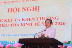 Phó Chủ tịch Ủy ban Nhân dân thành phố Cần Thơ Vương Quốc Nam phát biểu tại hội nghị. (Ảnh: Thu Hiền/TTXVN)