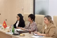 Tổng giám đốc TTXVN Vũ Việt Trang phát biểu tại cuộc hội đàm với Chủ tịch Azertac Vugar Alyev. (Ảnh: TTXVN)