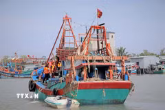 Cán bộ, chiến sỹ Đồn Biên phòng Rạch Gốc đến tận tàu để tuyên truyền, giải thích cụ thể về các quy định chống khai thác IUU cho ngư dân. (Ảnh: Huỳnh Anh/TTXVN)