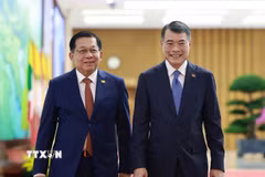 Thủ tướng Lê Minh Hưng đón Tổng thống nước Cộng hòa Liên bang Myanmar Min Aung Hlaing. (Ảnh: Dương Giang/TTXVN)