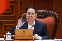 Thủ tướng Phạm Minh Chính chủ trì cuộc họp cho ý kiến vào dự thảo Luật Quy hoạch trình Bộ Chính trị. (Ảnh: Dương Giang/TTXVN)