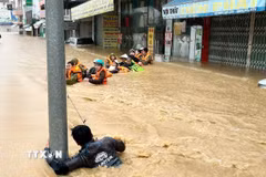 Lực lượng chức năng sơ tán người dân ở Khánh Hòa đến nơi an toàn. (Ảnh: Phan Sáu/TTXVN)