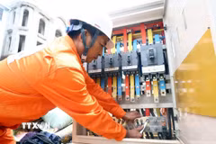 Công nhân Công ty Điện lực Quận Hoàn Kiếm kiểm tra máy biến áp. (Ảnh: Huy Hùng/TTXVN)