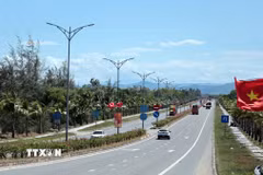 Cờ Đảng, cờ Tổ quốc tung bay trên tuyến đường ven biển dài và đẹp nhất thành phố Đà Nẵng. (Ảnh: Đỗ Trưởng/TTXVN)