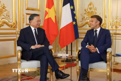 Tổng Bí thư, Chủ tịch nước Tô Lâm và Tổng thống Pháp Emmanuel Macron gặp hẹp. (Ảnh: Thống Nhất/TTXVN)