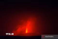 Ảnh núi lửa Anak Krakatau phun trào mạnh do phóng viên ảnh Muhammad Bagus Khoirunas của hãng thông tấn ANTARA chụp trước khi mất liên lạc. (Ảnh: TTXVN phát)