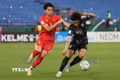 Nỗ lực đi bóng của Đình Bắc (số 7) U23 Việt Nam. (Nguồn: AFC/TTXVN)